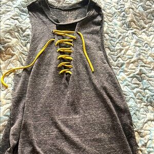 Poof! Gray Tank Top with Yellow Lace-Up Detail